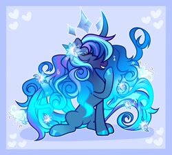 Size: 2048x1846 | Tagged: safe, artist:moonydropps, derpibooru import, oc, oc only, pony, crystal, eyes closed, flower, flower in hair, hair, laughing, mane, sitting, smiling, solo, tail