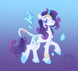 Size: 1070x970 | Tagged: safe, artist:plushparades, derpibooru import, part of a set, rarity, classical unicorn, pony, unicorn, g4, anklet, blue eyes, bracelet, cloven hooves, colored hooves, crystal horn, ear piercing, horn, jewelry, leonine tail, nose piercing, piercing, raised hoof, raised leg, redesign, ring, solo, tail, tail ring, two toned mane, unshorn fetlocks