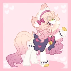 Size: 2048x2048 | Tagged: safe, artist:moonydropps, derpibooru import, oc, oc only, earth pony, pony, blushing, bow, clothes, hair, hair bow, heart, looking up, mane, smiling, socks, solo, tail