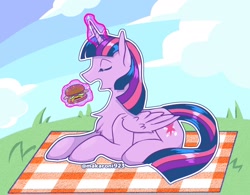 Size: 2000x1559 | Tagged: safe, artist:makaroni923, derpibooru import, twilight sparkle, twilight sparkle (alicorn), alicorn, pony, burger, chest fluff, eyes closed, female, food, magic, mare, picnic blanket, solo, telekinesis, twilight burgkle