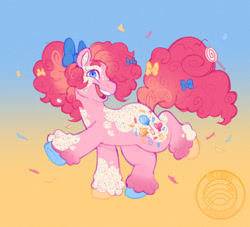 Size: 1070x970 | Tagged: safe, artist:plushparades, derpibooru import, part of a set, pinkie pie, earth pony, pony, g4, blue eyes, bow, candy, colored hooves, confetti, food, hair bow, one eye covered, piebald coat, smiling, sprinkles, tail, unshorn fetlocks