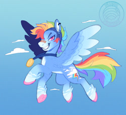 Size: 1070x970 | Tagged: safe, artist:plushparades, derpibooru import, part of a set, rainbow dash, pegasus, pony, g4, cloud, colored hooves, ear piercing, earring, jewelry, medal, multicolored hair, piercing, pink eyes, rainbow hair, rainbow tail, shaved sides, short mane, spread wings, tail, wings