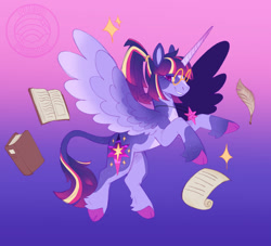 Size: 1070x970 | Tagged: safe, artist:plushparades, derpibooru import, part of a set, twilight sparkle, twilight sparkle (alicorn), alicorn, pony, g4, book, cloven hooves, colored wings, glasses, hair tie, horn, jewelry, leonine tail, long horn, necklace, ponytail, purple eyes, quill, scroll, spread wings, tail, two toned mane, two toned tail, two toned wings, wings