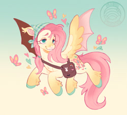 Size: 1070x970 | Tagged: safe, artist:plushparades, derpibooru import, part of a set, fluttershy, bat pony, butterfly, hybrid, pegasus, pony, g4, bag, bat ears, bat ponified, bat wings, colored wings, fangs, flutterbat, flying, hybrid wings, messenger bag, pins, race swap, spread wings, teal eyes, two toned wings, wings