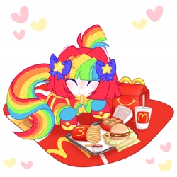 Size: 2048x2048 | Tagged: safe, artist:moonydropps, derpibooru import, oc, oc:pickles, earth pony, pony, bow, burger, clothes, eyes closed, female, food, hair, hair bow, hoodie, mane, mare, mcdonald's, solo, tail