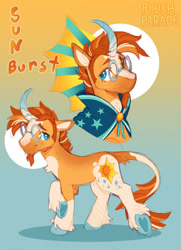 Size: 1204x1664 | Tagged: safe, artist:plushparades, derpibooru import, sunburst, classical unicorn, pony, unicorn, g4, cloak, clothes, cloven hooves, curved horn, glasses, gradient background, gradient horn, horn, leonine tail, male, redesign, solo, sunburst's cloak, tail, unshorn fetlocks