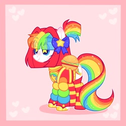 Size: 2048x2048 | Tagged: safe, artist:moonydropps, derpibooru import, oc, oc:pickles, earth pony, pony, bow, burger, clothes, food, hair bow, hoodie, smiling, socks, solo, starry eyes, wingding eyes