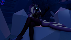 Size: 3840x2160 | Tagged: safe, artist:rainsstudio, derpibooru import, nightmare rarity, anthro, plantigrade anthro, unicorn, 3d, big breasts, breasts, clothes, crossed legs, crystal caverns, female, fingerless gloves, gem, gloves, glowing, glowing eyes, high heels, leotard, long gloves, long nails, nexgen, nightmare raritits, shoes, sitting, solo, source filmmaker