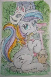 Size: 1528x2268 | Tagged: safe, artist:daisymane, derpibooru import, oc, oc only, earth pony, pony, female, looking back, mare, mask, mouth hold, raised tail, sitting, solo, tail, traditional art