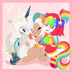 Size: 2048x2048 | Tagged: safe, artist:moonydropps, derpibooru import, oc, oc only, oc:aster, oc:pickles, oc:toyytrove, bat pony, earth pony, pony, unicorn, bow, clothes, eyes closed, hair bow, hoodie, horn, open mouth, open smile, sitting, smiling, socks, spread wings, stars, wings