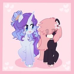 Size: 2048x2048 | Tagged: safe, artist:moonydropps, derpibooru import, oc, oc only, earth pony, pony, unicorn, blue eyes, duo, flower, flower in hair, hair, horn, mane, red eyes, tail, talking, walking