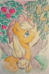 Size: 1376x2048 | Tagged: safe, artist:daisymane, derpibooru import, applejack, pony, bust, female, intertwined trees, looking up, mare, profile, solo, traditional art, tree