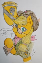 Size: 1386x2048 | Tagged: safe, artist:daisymane, derpibooru import, applejack, earth pony, pony, cavalry stetson, clothes, dialogue, glasses, gun, hat, lidded eyes, looking at you, neckerchief, patch, rifle, smiling, smiling at you, solo, speech bubble, talking to viewer, traditional art, uniform, weapon