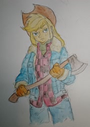 Size: 1463x2048 | Tagged: safe, artist:daisymane, derpibooru import, applejack, human, equestria girls, axe, clothes, denim, gloves, jacket, jeans, looking at you, pants, plaid shirt, shirt, solo, traditional art, weapon