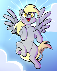 Size: 2000x2500 | Tagged: safe, artist:edgyanimator, derpibooru exclusive, derpibooru import, derpy hooves, pegasus, pony, belly, big smile, blonde, blonde hair, blue background, blushing, cel shading, cloud, derp, flying, golden eyes, gray coat, happy, hooves, light, lineart, open mouth, open smile, raised hooves, shading, shine, simple, simple background, sky, smiling, solo, spread wings, tail, wings