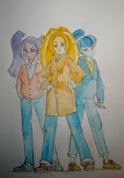 Size: 1541x2196 | Tagged: safe, artist:daisymane, derpibooru import, adagio dazzle, aria blaze, sonata dusk, human, equestria girls, clothes, coat, denim, female, jeans, looking at you, pants, the dazzlings, traditional art, trio