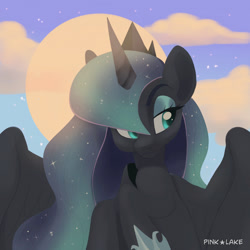 Size: 1280x1280 | Tagged: safe, artist:pink lake, derpibooru import, princess luna, alicorn, pony, bust, cloud, cloudy, crown, ethereal mane, female, jewelry, looking away, mare, moon, portrait, regalia, solo, sun