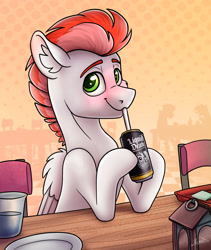 Size: 3000x3560 | Tagged: safe, artist:helmie-art, derpibooru import, oc, oc:swift apex, pegasus, pony, drinking, drinking straw, liquid death, looking at you, sitting, solo