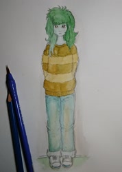 Size: 1493x2092 | Tagged: safe, artist:daisymane, derpibooru import, wallflower blush, human, equestria girls, arm behind back, brush, clothes, female, looking at you, paintbrush, pencil, solo, striped sweater, sweater, traditional art
