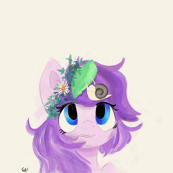 Size: 2339x2339 | Tagged: safe, artist:paintedskies, derpibooru import, oc, oc:widget, pony, bust, floral head wreath, flower, hand, mixed media, portrait