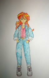 Size: 1381x2200 | Tagged: safe, artist:daisymane, derpibooru import, sunset shimmer, human, equestria girls, clothes, denim, hand in pocket, jacket, jeans, looking at you, pants, smiling, smiling at you, solo, traditional art