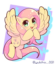 Size: 900x1048 | Tagged: safe, artist:yukiha_321, derpibooru import, fluttershy, pegasus, pony, cute, female, looking at you, mare, open mouth, open smile, shyabetes, signature, smiling, smiling at you, solo, spread wings, wings