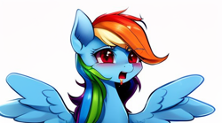 Size: 576x320 | Tagged: safe, derpibooru import, machine learning assisted, machine learning generated, rainbow dash, pegasus, pony, ahegao, cute, female, mare, open mouth, simple background, solo, tongue, tongue out, white background