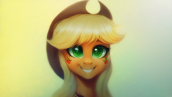 Size: 1024x576 | Tagged: safe, derpibooru import, machine learning assisted, machine learning generated, applejack, earth pony, pony, bust, cute, female, gradient background, mare, portrait, simple background, solo, uncanny valley