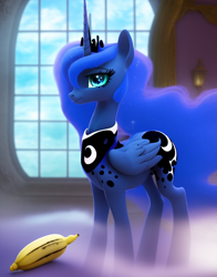 Size: 704x896 | Tagged: safe, derpibooru import, machine learning assisted, machine learning generated, princess luna, alicorn, pony, banana, castle, cute, female, food, mare, solo