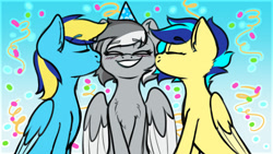 Size: 1920x1080 | Tagged: safe, artist:koa, derpibooru import, oc, oc only, oc:general mumble, oc:koa, pegasus, pony, birthday, blushing, chest fluff, colored wings, colored wingtips, confetti, eyebrows, eyebrows visible through hair, grin, happy, hat, kiss on the cheek, kissing, party hat, smiling, two toned wings, wings