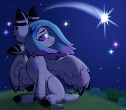 Size: 2000x1750 | Tagged: safe, artist:koa, derpibooru import, oc, oc only, oc:nebula, pegasus, pony, coat markings, dappled, freckles, grass, looking back, multiple ears, night, shooting star, sitting, smiling, spread wings, stars, winged hooves, wings