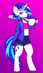 Size: 1422x2399 | Tagged: safe, artist:koa, derpibooru import, dj pon-3, vinyl scratch, pony, semi-anthro, unicorn, backwards ballcap, baseball bat, baseball cap, cap, chest fluff, clothes, hat, jacket, looking at you, missing accessory, shorts, solo, top