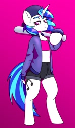 Size: 1422x2399 | Tagged: safe, alternate version, artist:koa, derpibooru import, dj pon-3, vinyl scratch, pony, semi-anthro, unicorn, backwards ballcap, baseball bat, baseball cap, cap, chest fluff, clothes, hat, jacket, looking at you, missing accessory, shorts, solo, top