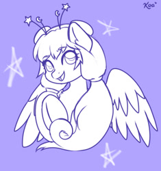 Size: 1305x1386 | Tagged: safe, artist:koa, derpibooru import, oc, oc only, pony, eyebrows, eyebrows visible through hair, looking at you, open mouth, open smile, sketch, smiling, solo, spread wings, wings