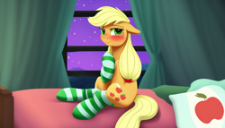 Size: 896x512 | Tagged: safe, derpibooru import, machine learning assisted, machine learning generated, applejack, earth pony, pony, bed, bedroom, blushing, clothes, cute, female, mare, shy, sitting, socks, solo