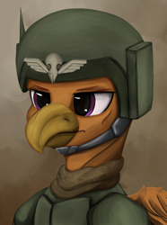 Size: 1872x2520 | Tagged: safe, artist:aquamuro, derpibooru import, oc, oc only, griffon, equestria at war mod, armor, bust, clothes, griffon oc, helmet, male, military, military uniform, portrait, scar, solo, uniform, warhammer (game), warhammer 40k