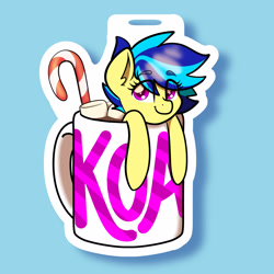 Size: 1600x1600 | Tagged: safe, artist:koa, derpibooru import, oc, oc only, oc:koa, pony, candy, candy cane, chocolate, cup, cup of pony, eye clipping through hair, eyebrows, eyebrows visible through hair, food, hot chocolate, looking at you, marshmallow, micro, smiling, solo