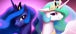 Size: 768x346 | Tagged: safe, derpibooru import, machine learning assisted, machine learning generated, princess celestia, princess luna, alicorn, pony, cute, duo, female, mare, royal sisters, siblings, simple background, sisters