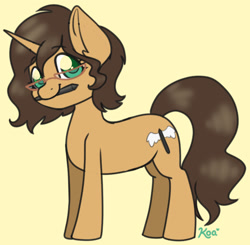 Size: 1156x1131 | Tagged: safe, artist:koa, derpibooru import, oc, oc only, pony, unicorn, eyebrows, eyebrows visible through hair, glasses, looking at you, mouth hold, pen, smiling, solo, stylus