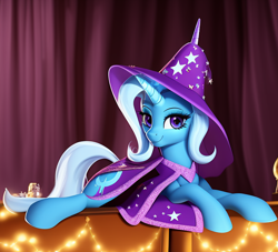 Size: 704x640 | Tagged: safe, derpibooru import, machine learning assisted, machine learning generated, trixie, pony, unicorn, cute, female, lying down, mare, prone, solo