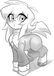 Size: 1871x2647 | Tagged: safe, artist:opossum_imoto, derpibooru import, oc, oc only, clothes, eyebrows, eyebrows visible through hair, female, high heels, mare, monochrome, shoes, solo, suit