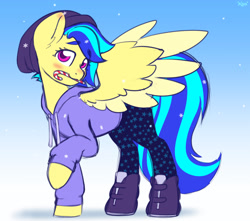 Size: 1806x1598 | Tagged: safe, artist:koa, derpibooru import, oc, oc only, oc:koa, pegasus, pony, beanie, blushing, boots, candy, candy cane, clothes, eyebrows, eyebrows visible through hair, food, hat, hoodie, looking at you, mouth hold, pants, raised eyebrows, shoes, snow, solo, spread wings, wings