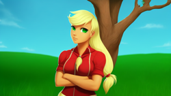 Size: 1024x576 | Tagged: safe, derpibooru import, generator:stable diffusion, machine learning generated, applejack, human, equestria girls, female, humanized, simple background, solo