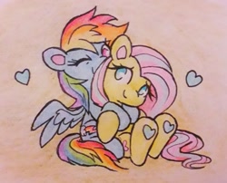 Size: 1280x1036 | Tagged: safe, artist:flutterberrypie, derpibooru import, fluttershy, rainbow dash, pegasus, pony, comfy, duo, eyes closed, female, flutterdash, folded wings, heart, hoof heart, hug, hug from behind, lesbian, love, pencil drawing, shipping, sitting, smiling, traditional art, underhoof, wings