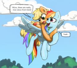 Size: 880x776 | Tagged: safe, artist:solixy406, derpibooru import, applejack, rainbow dash, earth pony, pegasus, pony, applejack riding rainbow dash, cloud, day, daytime, flying, ponies riding ponies, riding, sky, speech bubble, spread wings, wings