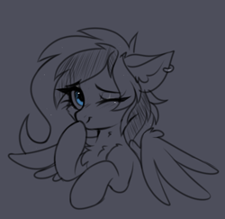 Size: 2674x2595 | Tagged: safe, artist:pesty_skillengton, derpibooru import, oc, oc only, oc:luny, pegasus, pony, blushing, chest fluff, ear fluff, ear piercing, earring, ears, female, jewelry, one eye closed, piercing, ring, sketch, smiling, solo, spread wings, wings, wink