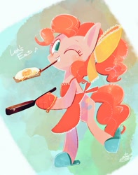 Size: 837x1063 | Tagged: safe, artist:sibashen, derpibooru import, pinkie pie, earth pony, pony, apron, bow, clothes, female, fried egg, hair bow, mare, one eye closed, slippers, solo, wink