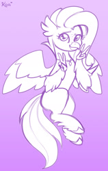 Size: 1123x1779 | Tagged: safe, artist:koa, derpibooru import, oc, oc only, hippogriff, flying, freckles, gradient background, looking at you, peace sign, sketch, smiling, solo, spread wings, victory sign, wings