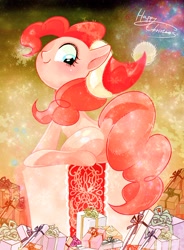 Size: 1132x1537 | Tagged: safe, artist:sibashen, derpibooru import, pinkie pie, earth pony, pony, christmas, female, hat, holiday, mare, merry christmas, present, santa hat, solo