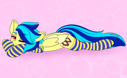 Size: 2119x1303 | Tagged: safe, artist:koa, derpibooru import, oc, oc only, oc:koa, pegasus, pony, clothes, colored wings, colored wingtips, eye clipping through hair, eyebrows, eyebrows visible through hair, lidded eyes, looking at you, lying down, one eye closed, prone, socks, solo, striped socks, thigh highs, two toned wings, wings